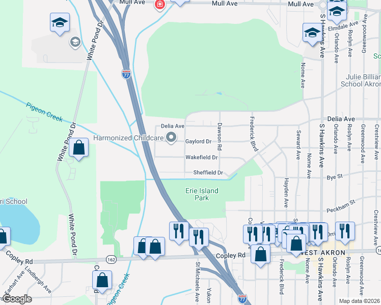 map of restaurants, bars, coffee shops, grocery stores, and more near 1793 Gaylord Drive in Akron