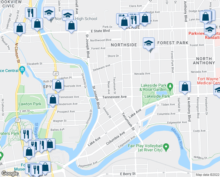 map of restaurants, bars, coffee shops, grocery stores, and more near 1023 Sallie Avenue in Fort Wayne