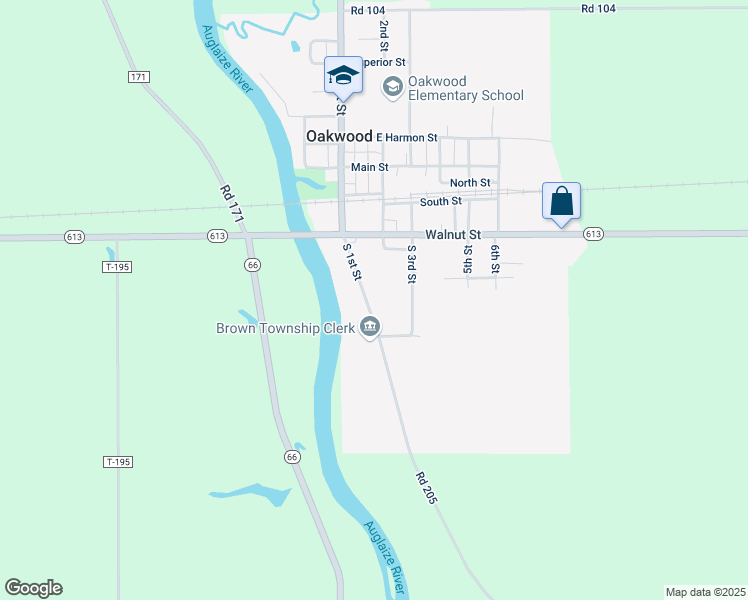 map of restaurants, bars, coffee shops, grocery stores, and more near 113 South 1st Street in Oakwood