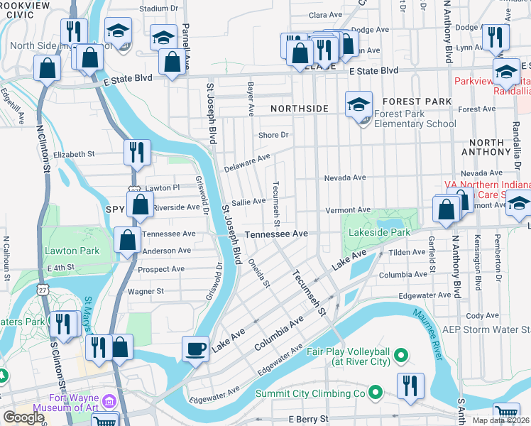 map of restaurants, bars, coffee shops, grocery stores, and more near 1023 Sallie Avenue in Fort Wayne