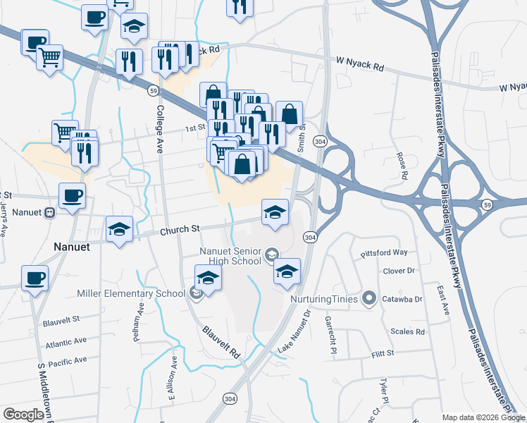 map of restaurants, bars, coffee shops, grocery stores, and more near 4 Main Drive in Nanuet