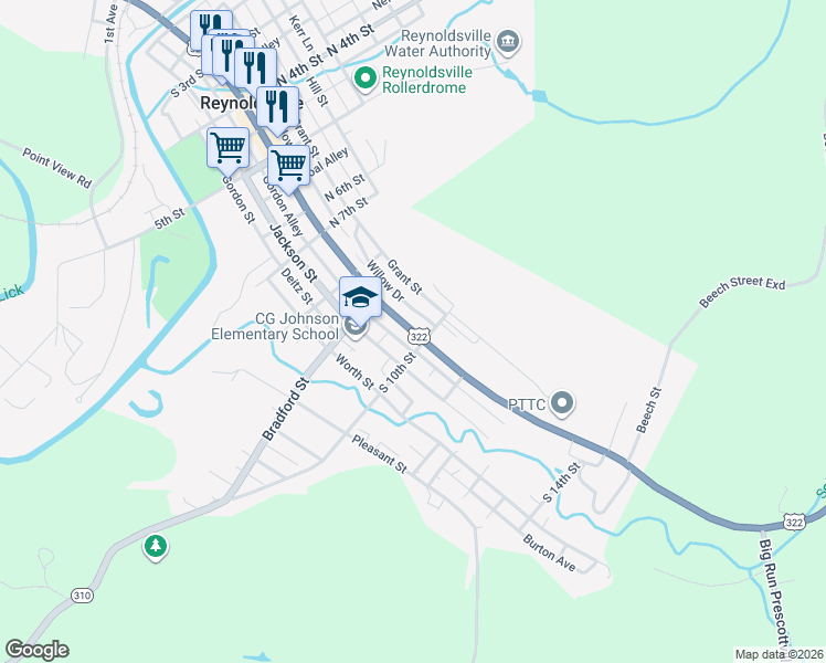 map of restaurants, bars, coffee shops, grocery stores, and more near 936 East Main Street in Reynoldsville