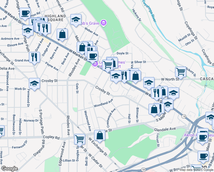 map of restaurants, bars, coffee shops, grocery stores, and more near 23 Oakdale Avenue in Akron