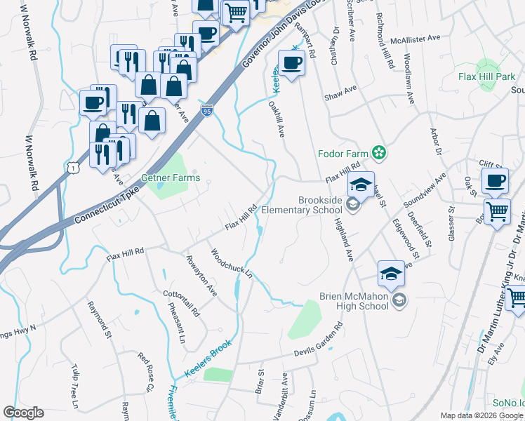map of restaurants, bars, coffee shops, grocery stores, and more near 444 Flax Hill Road in Norwalk