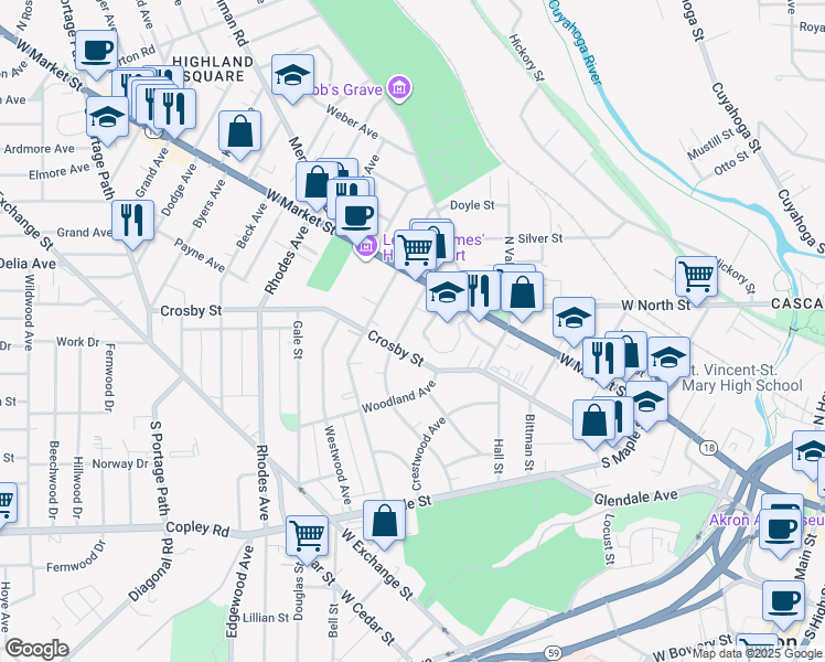 map of restaurants, bars, coffee shops, grocery stores, and more near 23 Oakdale Avenue in Akron