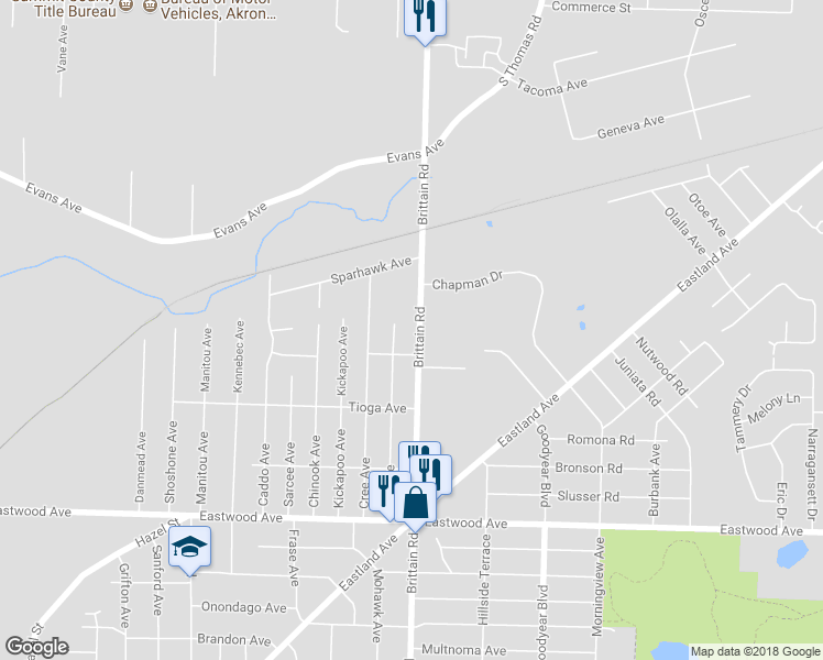 map of restaurants, bars, coffee shops, grocery stores, and more near 1022 Brittain Road in Akron