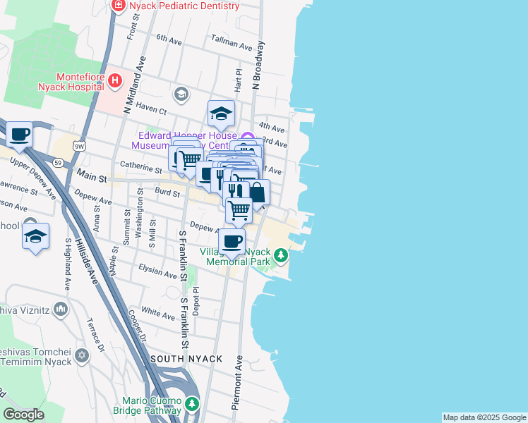 map of restaurants, bars, coffee shops, grocery stores, and more near 52A Main Street in Nyack
