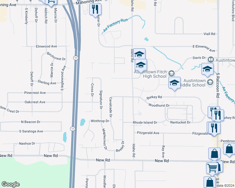map of restaurants, bars, coffee shops, grocery stores, and more near 4852 Woodhurst Drive in Youngstown