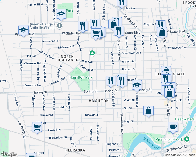 map of restaurants, bars, coffee shops, grocery stores, and more near 1708 Franklin Avenue in Fort Wayne
