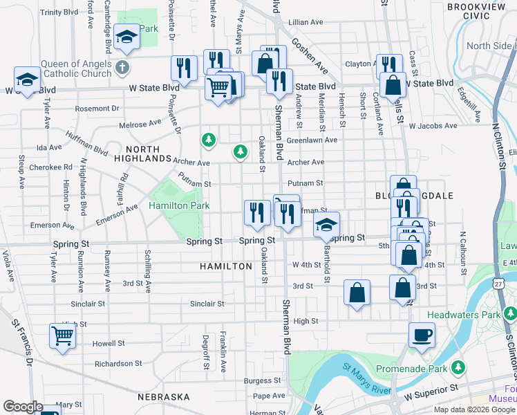 map of restaurants, bars, coffee shops, grocery stores, and more near 1721 Oakland Street in Fort Wayne