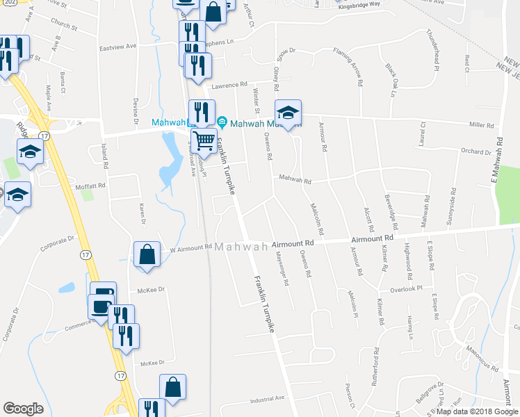 map of restaurants, bars, coffee shops, grocery stores, and more near 2 Maysenger Road in Mahwah