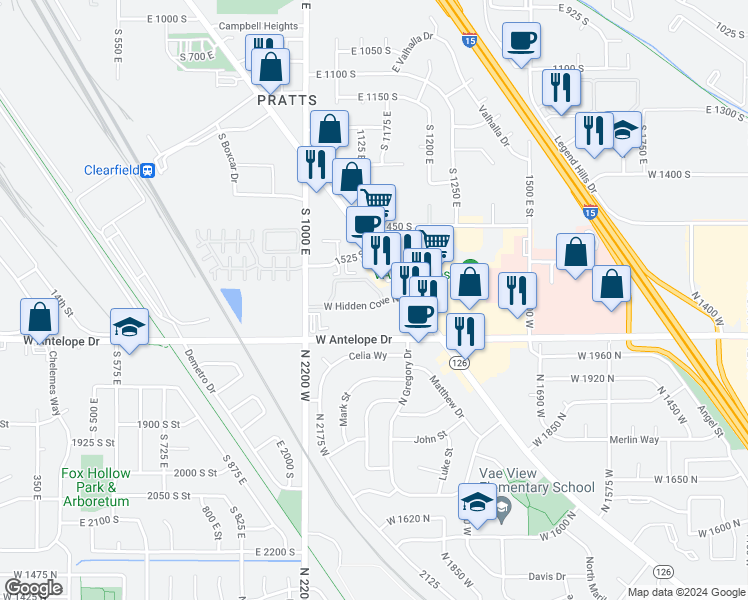 map of restaurants, bars, coffee shops, grocery stores, and more near 1580 State Street in Clearfield