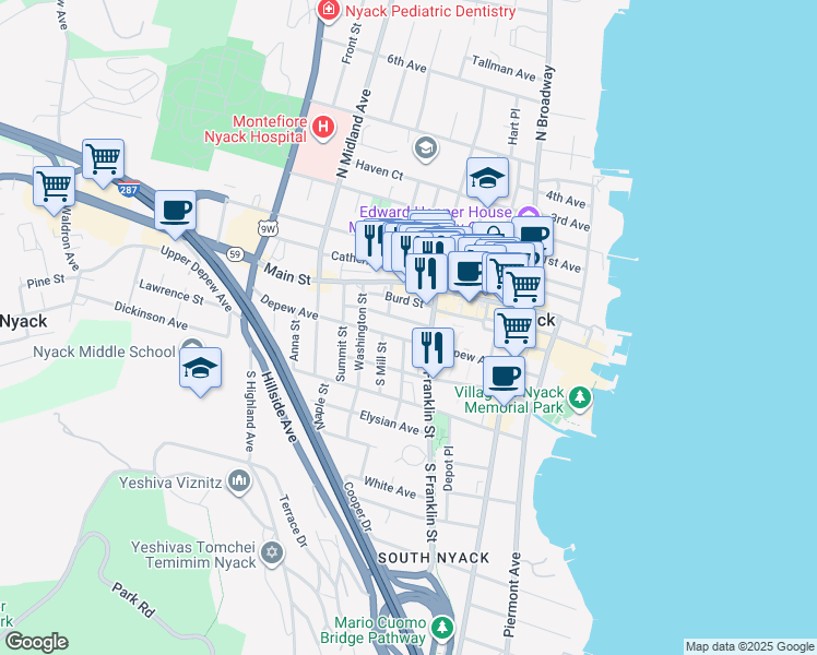 map of restaurants, bars, coffee shops, grocery stores, and more near 150 Burd Street in Nyack