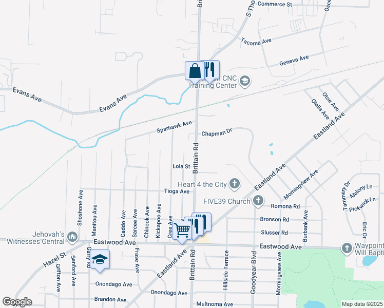 map of restaurants, bars, coffee shops, grocery stores, and more near 1049 Brittain Road in Akron