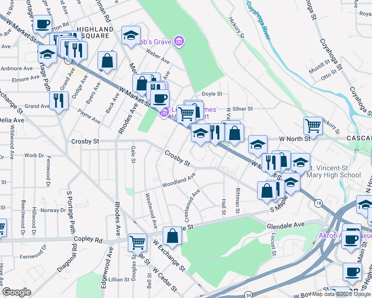 map of restaurants, bars, coffee shops, grocery stores, and more near 23 Oakdale Avenue in Akron