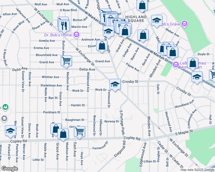 map of restaurants, bars, coffee shops, grocery stores, and more near 816 West Exchange Street in Akron