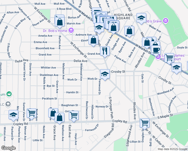 map of restaurants, bars, coffee shops, grocery stores, and more near 821 Stadelman Avenue in Akron
