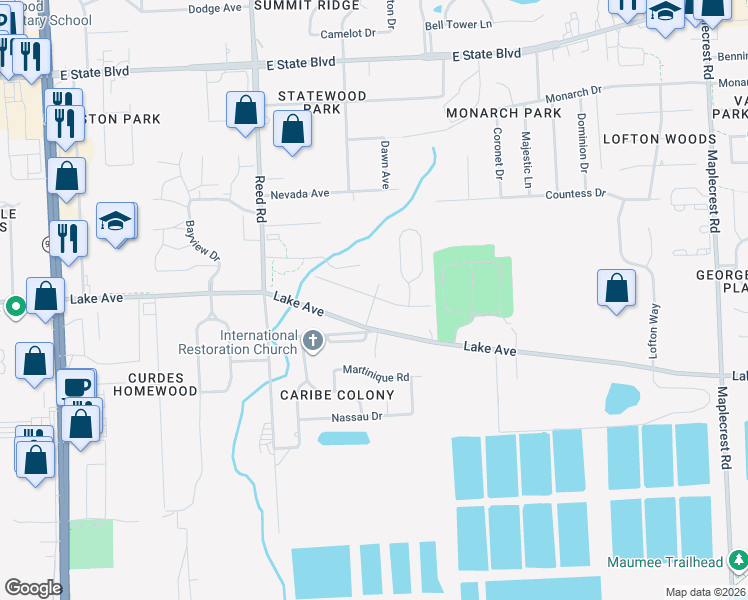 map of restaurants, bars, coffee shops, grocery stores, and more near 1547 Lakehurst Drive in Fort Wayne