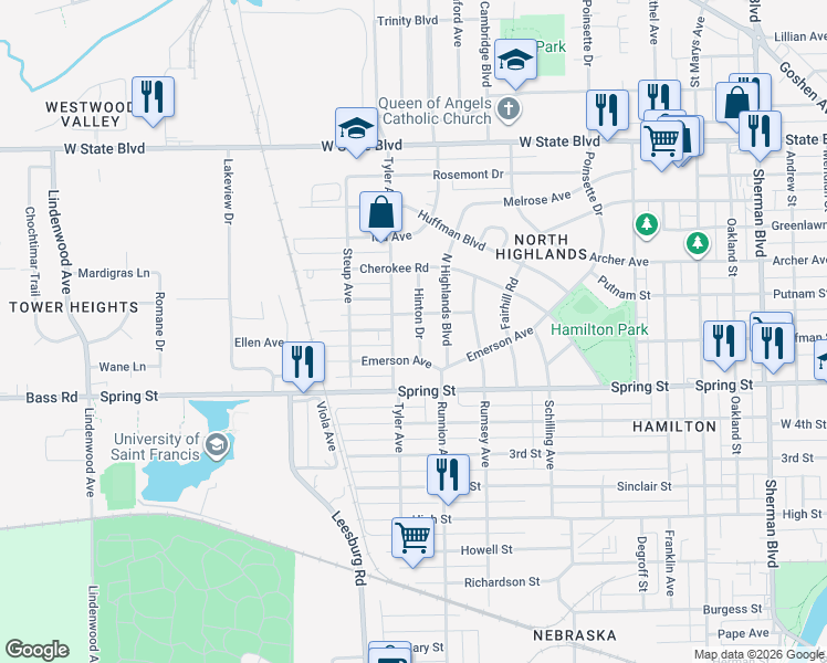 map of restaurants, bars, coffee shops, grocery stores, and more near 1826 Clover Lane in Fort Wayne