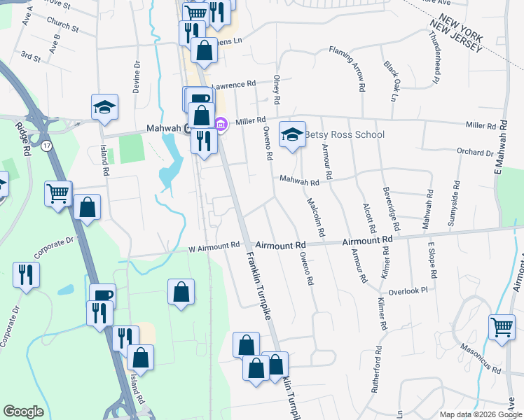 map of restaurants, bars, coffee shops, grocery stores, and more near 115 South Mahwah Road in Mahwah