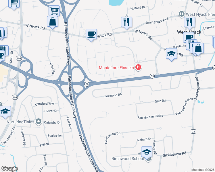 map of restaurants, bars, coffee shops, grocery stores, and more near 108 Brook Hill Drive in West Nyack