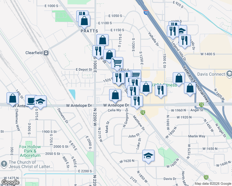 map of restaurants, bars, coffee shops, grocery stores, and more near 1580 State Street in Clearfield
