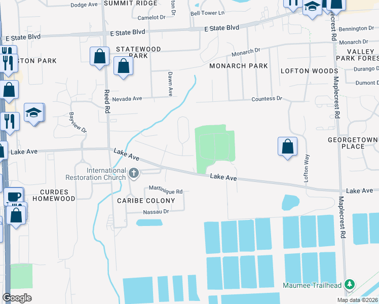 map of restaurants, bars, coffee shops, grocery stores, and more near 1422 Flagstone Drive in Fort Wayne