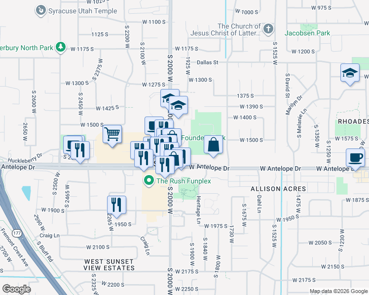 map of restaurants, bars, coffee shops, grocery stores, and more near 1573 South 2000 West in Syracuse