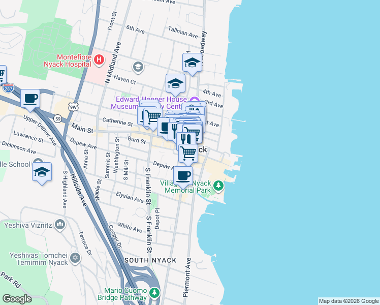 map of restaurants, bars, coffee shops, grocery stores, and more near South Broadway Avenue & Burd Street in Nyack