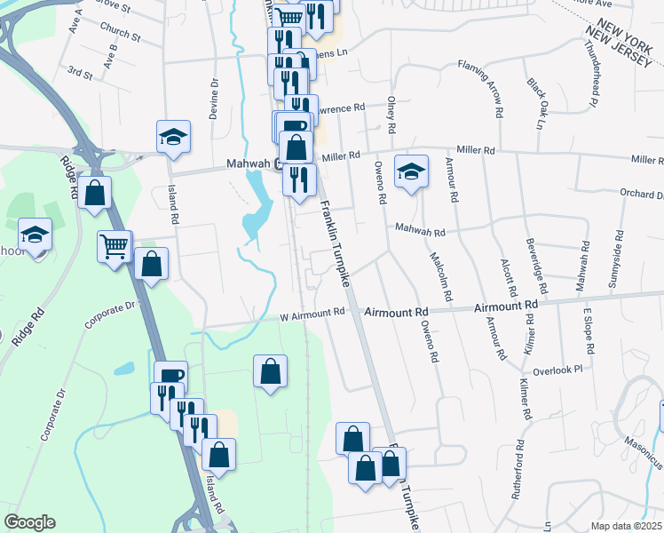 map of restaurants, bars, coffee shops, grocery stores, and more near 260 Franklin Turnpike in Mahwah