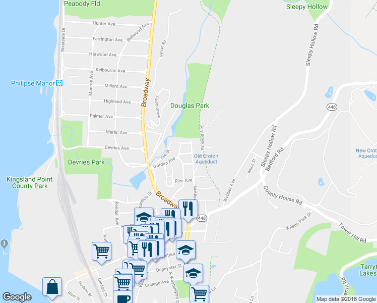 map of restaurants, bars, coffee shops, grocery stores, and more near 127 New Broadway in Tarrytown