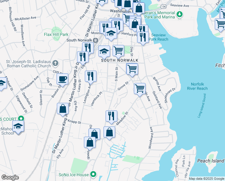 map of restaurants, bars, coffee shops, grocery stores, and more near 153 South Main Street in Norwalk