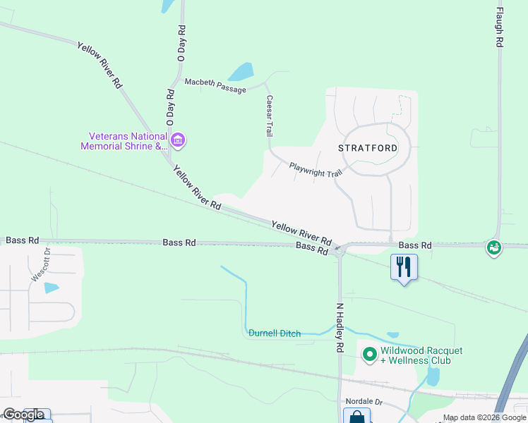 map of restaurants, bars, coffee shops, grocery stores, and more near 7512 Yellow River Road in Fort Wayne