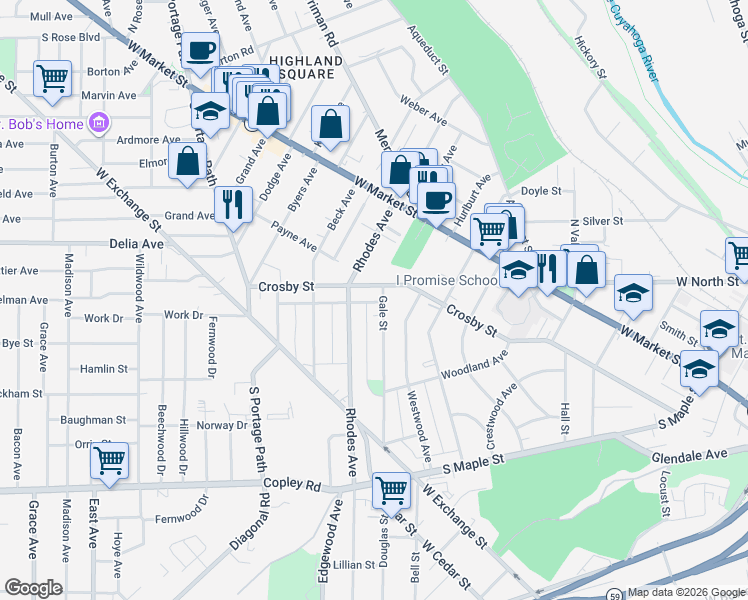 map of restaurants, bars, coffee shops, grocery stores, and more near 585 Colfax Place in Akron