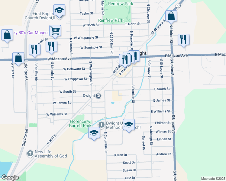 map of restaurants, bars, coffee shops, grocery stores, and more near 101 West South Street in Dwight