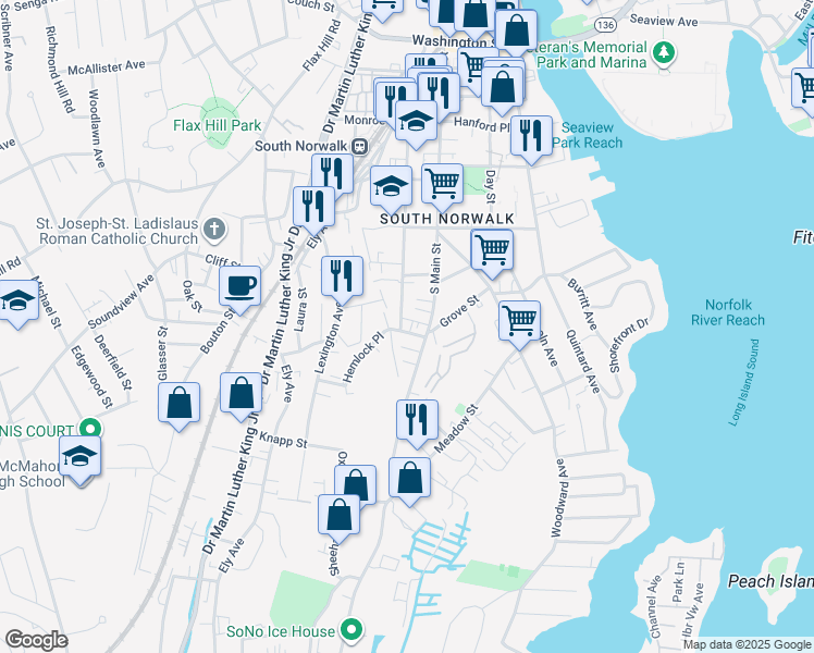 map of restaurants, bars, coffee shops, grocery stores, and more near 68 Chestnut Street in Norwalk