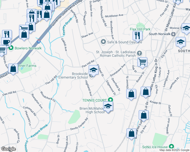 map of restaurants, bars, coffee shops, grocery stores, and more near 8 Meredith Court in Norwalk