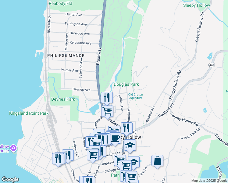 map of restaurants, bars, coffee shops, grocery stores, and more near 48 Dell Street in Sleepy Hollow