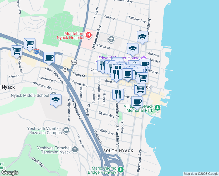 map of restaurants, bars, coffee shops, grocery stores, and more near 150 Burd Street in Nyack