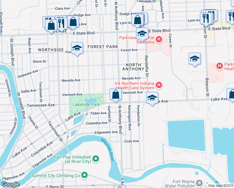 map of restaurants, bars, coffee shops, grocery stores, and more near 1719 Vermont Avenue in Fort Wayne