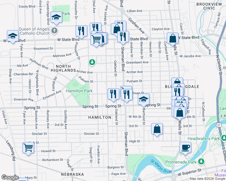 map of restaurants, bars, coffee shops, grocery stores, and more near 1721 Oakland Street in Fort Wayne