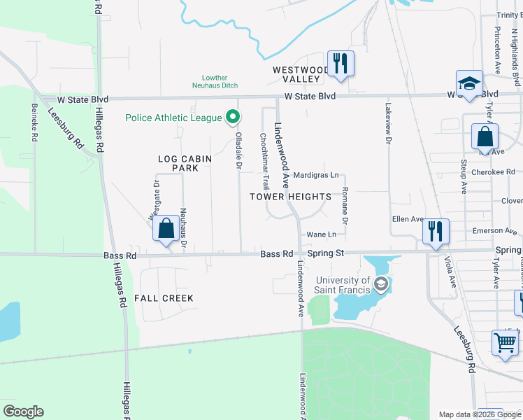 map of restaurants, bars, coffee shops, grocery stores, and more near 1725 Chochtimar Trail in Fort Wayne