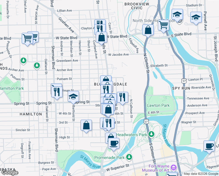 map of restaurants, bars, coffee shops, grocery stores, and more near 1664 North Wells Street in Fort Wayne