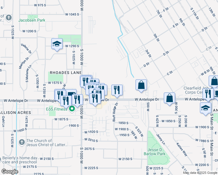 map of restaurants, bars, coffee shops, grocery stores, and more near 823 West 1600 South in Clearfield