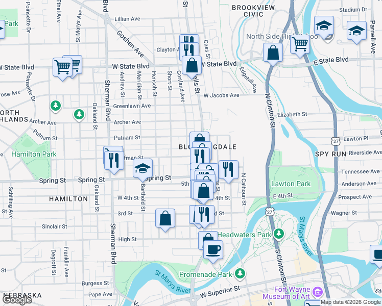 map of restaurants, bars, coffee shops, grocery stores, and more near 426 Huffman Street in Fort Wayne
