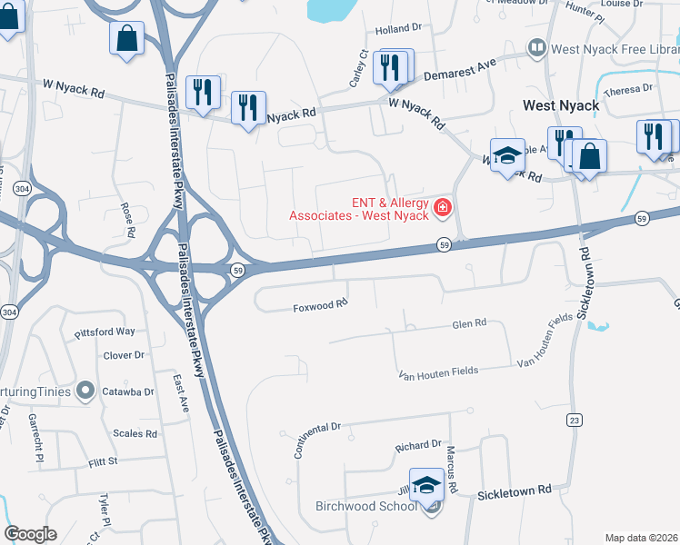 map of restaurants, bars, coffee shops, grocery stores, and more near 2 Larch Court in West Nyack