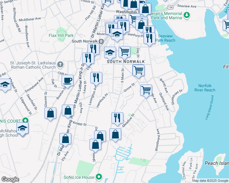 map of restaurants, bars, coffee shops, grocery stores, and more near 68 Chestnut Street in Norwalk