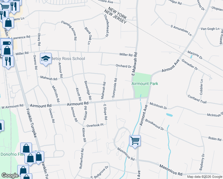 map of restaurants, bars, coffee shops, grocery stores, and more near 253 Mahwah Road in Mahwah