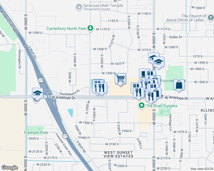 map of restaurants, bars, coffee shops, grocery stores, and more near 2362 West 1620 South in Syracuse