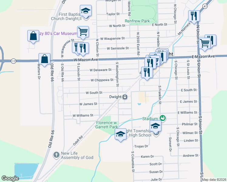 map of restaurants, bars, coffee shops, grocery stores, and more near 204 West South Street in Dwight